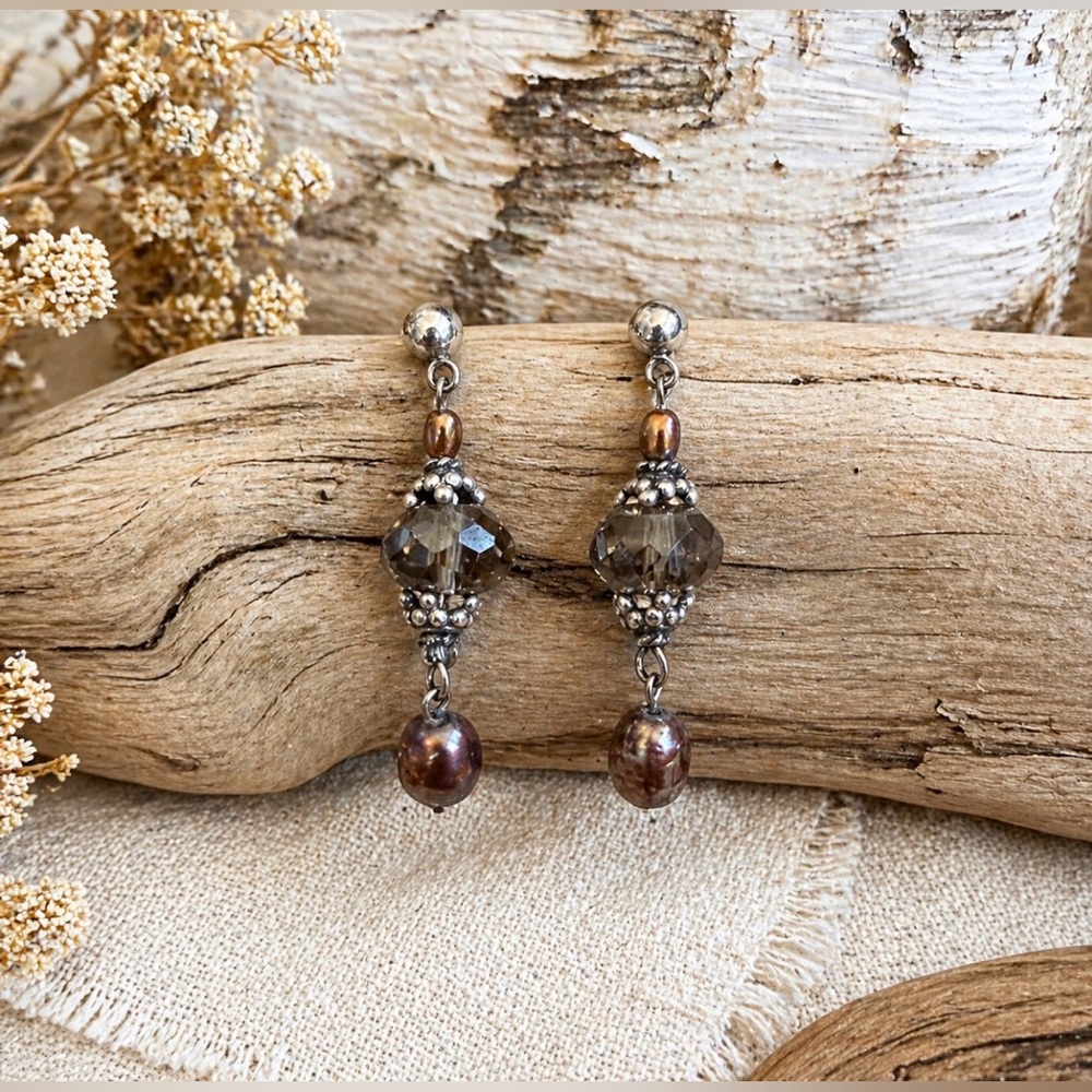 Vintage Artisan Glass & Freshwater Pearl Drop Earrings Boho Neutral